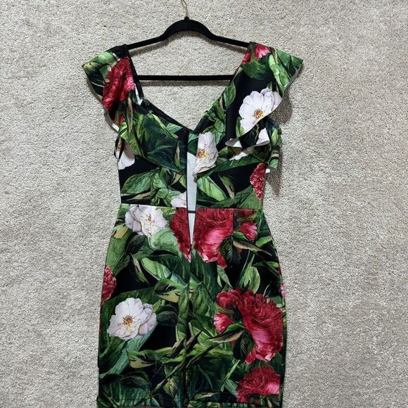 Alexia Admor Scuba Sheath Dress Women's 8 Off Shoulder Tropical Floral Ruffle - Picture 9 of 10